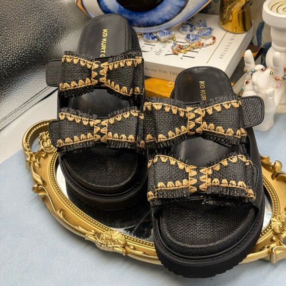 🆕 KG KURT GEIGER 🧿 NWOB Robbie Bow-Embellished Black Raffia Sandals - Sz US 10 - Picture 5 of 16